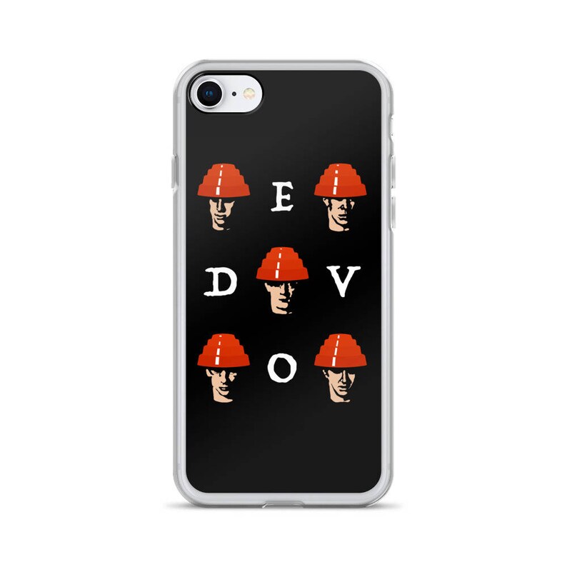 May include: A black phone case with a white outline and a design of six red and white construction hats with the letters "EDDVOV" in white.