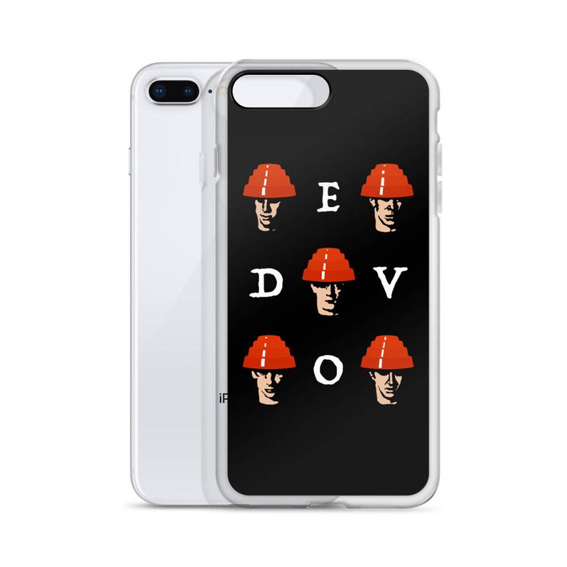 May include: Black phone case with a white design of six red and white hats with faces and the letters "EDDVOV" on a black background.