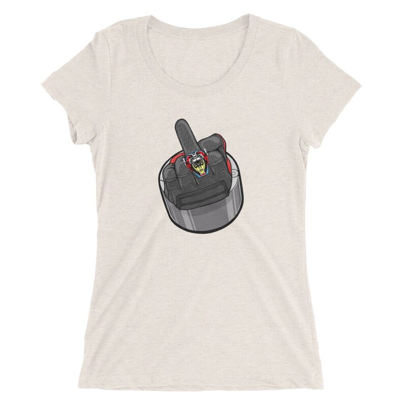 May include: A white women's t-shirt with a cartoon image of a gloved hand giving the middle finger.