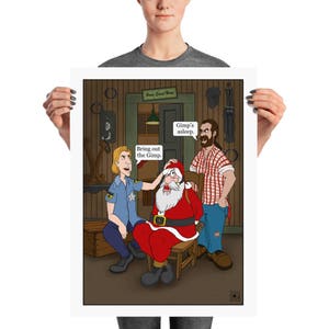 Könnte beinhalten: Eine Comic-Illustration eines Mannes, der als Weihnachtsmann verkleidet ist und an einen Stuhl gebunden ist. Ein Mann in einem karierten Hemd steht hinter ihm und sagt "Gimp's asleep." Eine Frau in Polizeiuniform steht vor dem Weihnachtsmann und sagt "Bring out the Gimp."