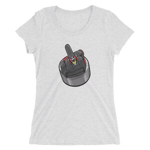 May include: A gray t-shirt with a cartoon image of a hand giving the middle finger. The hand is wearing a black glove with a red and blue design.