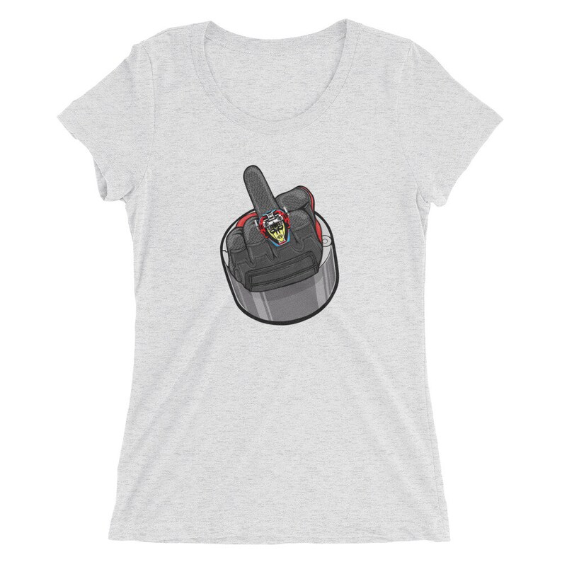 May include: A gray t-shirt with a cartoon image of a hand giving the middle finger. The hand is wearing a black glove with a red and blue design.
