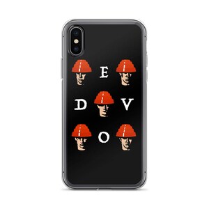 May include: A clear phone case with a black background and a design of six red and orange hats with faces and the letters "EDVOV" in white.