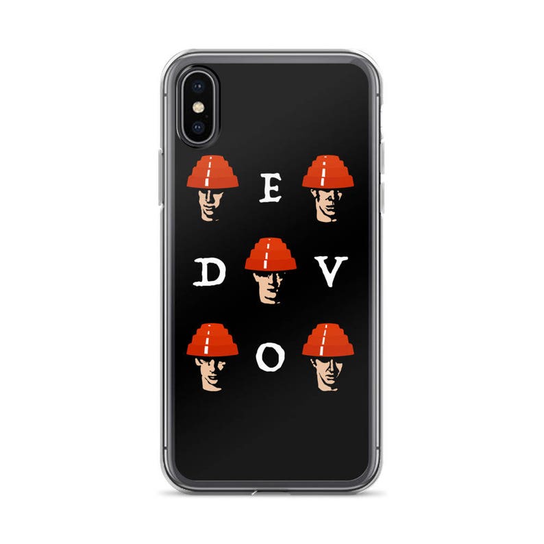 May include: A clear phone case with a black background and a design of six red and orange hats with faces and the letters "EDVOV" in white.