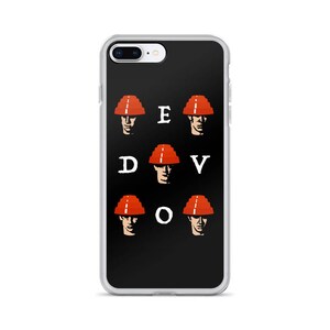 May include: Black iPhone case with a white background and a graphic of six red and white construction hats with the word "EDDV" in white letters.