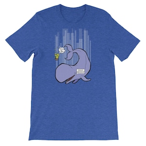 May include: A blue t-shirt with a cartoon whale jumping out of the water and saying "Hello Ground!" in a speech bubble. The whale is gray and has a white belly. The background is a blue and white striped pattern.