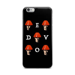 May include: Black iPhone case with a white graphic of six people wearing red construction hats. The text "EDVOV" is printed in white below the hats.