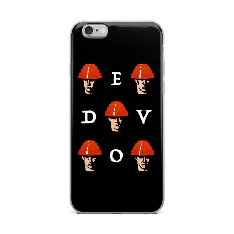 May include: Black iPhone case with a white graphic of six people wearing red construction hats. The text "EDVOV" is printed in white below the hats.