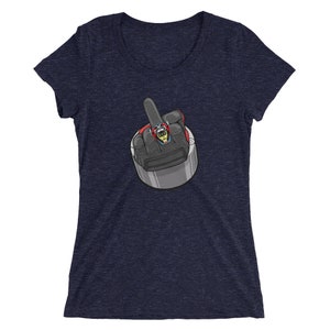 May include: A navy blue women's t-shirt with a graphic of a hand giving the middle finger, wearing a ring and a motorcycle helmet.