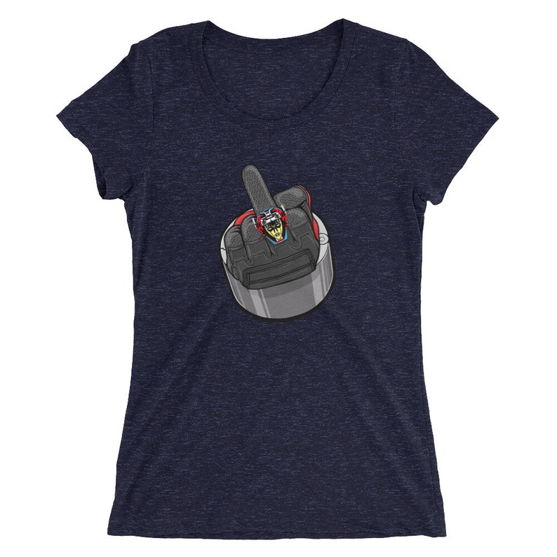 May include: A navy blue women's t-shirt with a graphic of a hand giving the middle finger, wearing a ring and a motorcycle helmet.