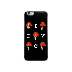 May include: Black iPhone case with a white background and red and white illustrations of people wearing construction hats. The text "EDVOV" is printed in white on the case.