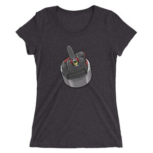 May include: A dark heather grey women's t-shirt with a graphic of a middle finger wearing a ring.