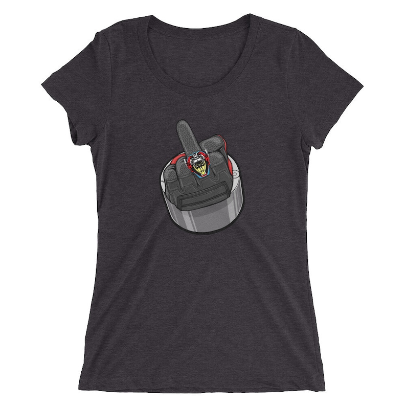 May include: A dark heather grey women's t-shirt with a graphic of a middle finger wearing a ring.