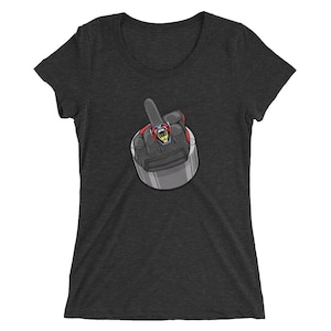 May include: A dark gray women's t-shirt with a cartoon illustration of a hand giving the middle finger. The hand is wearing a ring and a glove.