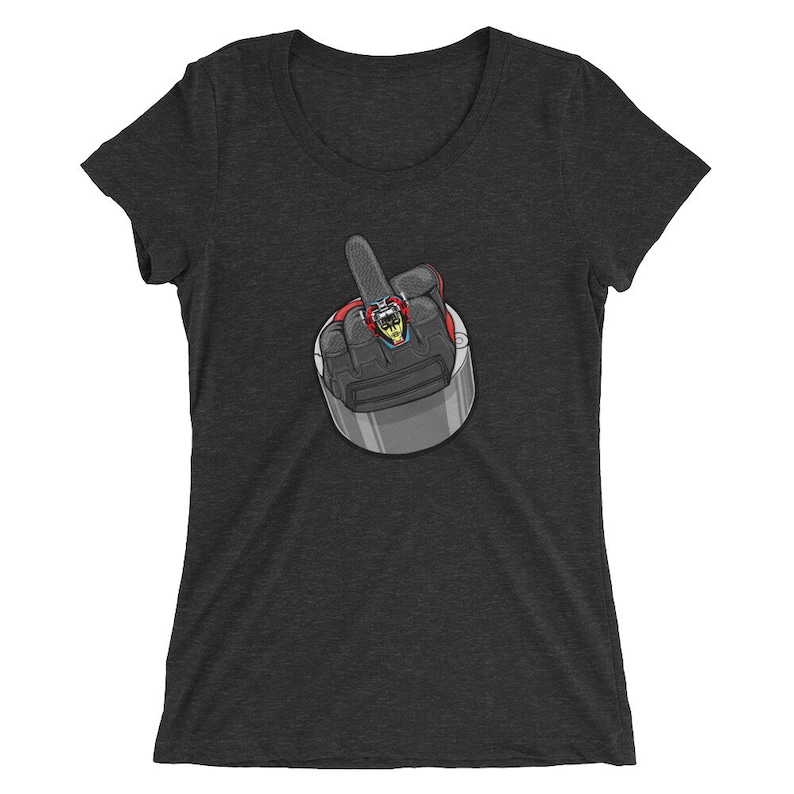 May include: A dark gray women's t-shirt with a cartoon illustration of a hand giving the middle finger. The hand is wearing a ring and a glove.