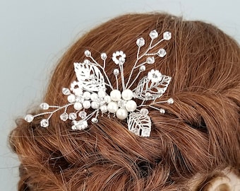 Floral Hair Comb | Silver Hair Adornment | Bridal Headpiece | Pearl Hair Accessory | Wedding Hair Comb