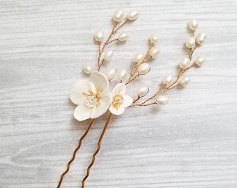 Floral Haarnadel | Braut-Haar-Zubehör | Hochzeit Haar Schmuck | Süßwasser Perle Haarnadel | Braut Kopfschmuck