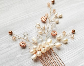 Pearl/Crystal Hair Comb | Rose Gold Hair Adornment | Bridal Headpiece | Wedding Hair Accessory