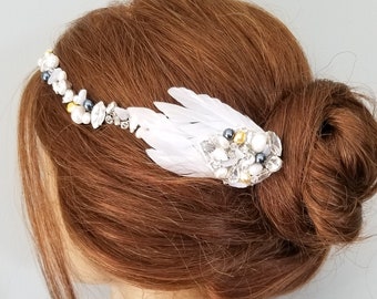 Feather Beaded Hair Vine | Stone & Pearl Crown | Bridal Headpiece | Silver Gem Hair Adornment