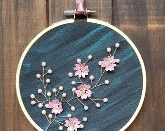 Cherry Blossom Wall Hanging | Hand-Wired Artwork | Hoop Wall Art | Floral Artwork