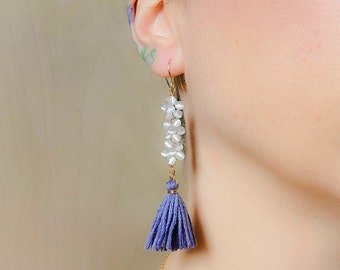 Floral Fringe Tassel Earrings | Very Peri Fringe Dangles | Beaded Earrings | 14K Gold Filled Jewelry