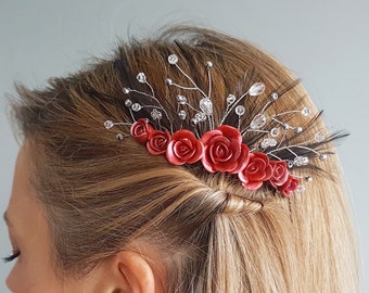 Feather Headpiece | Floral Hair Comb | Crystal Wedding Accessory | Bridal Comb | Floral Headpiece