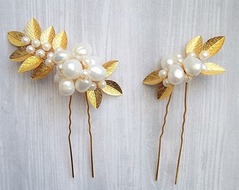 Pearl Hairpins (Set of 2) | Bridal Hair Adornment | Gold Leaf Hair Accessory | Wedding Hairpins | Bridal Headpiece