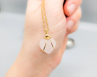 Heart Pendant Necklace | Rose Quartz Necklace | 14k Gold Filled | Handcrafted | Semi Precious Stone Jewelry