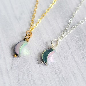 Tiny Moon Necklace | Crescent Moon Pendant | 14K Gold Filled | Sterling Silver | Pastel Rainbow Hematite | Minimalist Jewelry