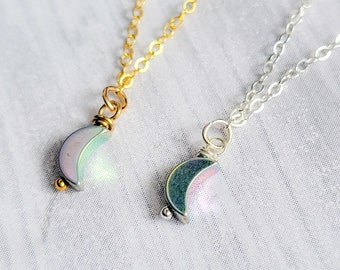 Tiny Moon Necklace | Crescent Moon Pendant | 14K Gold Filled | Sterling Silver | Pastel Rainbow Hematite | Minimalist Jewelry