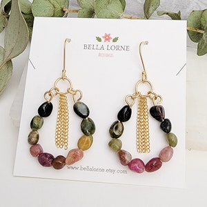 Stone & Chain Dangle Earrings | 14K Gold Filled Jewelry | Semi-Precious Stone Earrings | Chrysocolla | Quartz | Watermelon Tourmaline