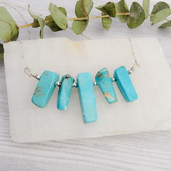 Turquoise Pendant Necklace Sterling Silver Bar Necklace Semi