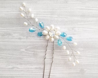 Pearl & Swarovski Crystal Hair Pin | Bridal Hair Accessory | Floral Hair Adornment | 'Something Blue' Hair Pin