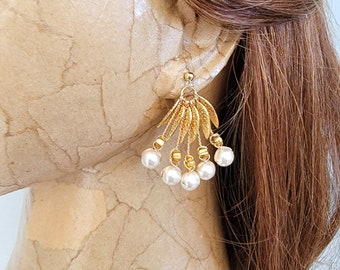 Pearl Fan Earrings | Golden Leaf Jewelry | Handcrafted Dangle Earrings