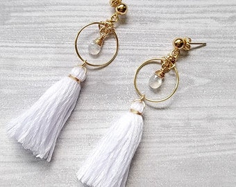 Rainbow Moonstone Tassel Earrings | White Fringe Dangles | 14K Gold Filled Jewelry | Bridal Earrings | Semi Precious Stone Earrings