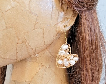 Pearl Cluster Heart Dangles | 14K Gold Filled Jewelry | Freshwater Pearl Earrings | Handcrafted Dangle Earrings