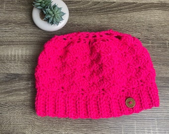 Neon Pink Messy Bun Hat, Ladies Winter Hat, Women's Winter Hat, Crochet Bun Hat, Ponytail Hat, Messy Bun Beanie, Ponytail Toque