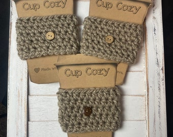 Set of 3 Cup Cozies (cozy) with button - light brown