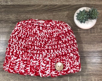 Handmade Crochet Chunky Yarn  Messy Bun Hat | Ponytail Hat - red and white