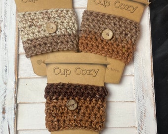 Set of 3 Cup Cozies (cozy) with button - beige/brown tweed