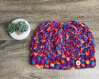 Rainbow Messy Bun Hat, Ladies Winter Hat, Women's Winter Hat, Crochet Bun Hat, Ponytail Hat, Messy Bun Beanie, Ponytail Toque