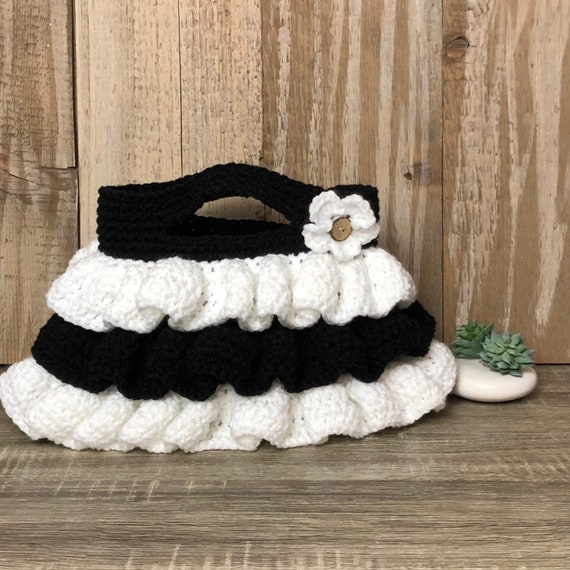 Crochet Ruffle Purse With Flower Black White | Etsy Canada