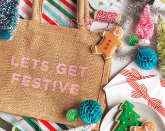 Let's Get Festive Reusable Holiday Gift Bag, Burlap Gift Bags, Reusable Christmas Bags