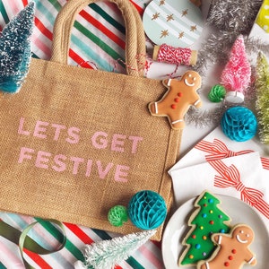 Let's Get Festive Reusable Holiday Gift Bag, Burlap Gift Bags, Reusable Christmas Bags