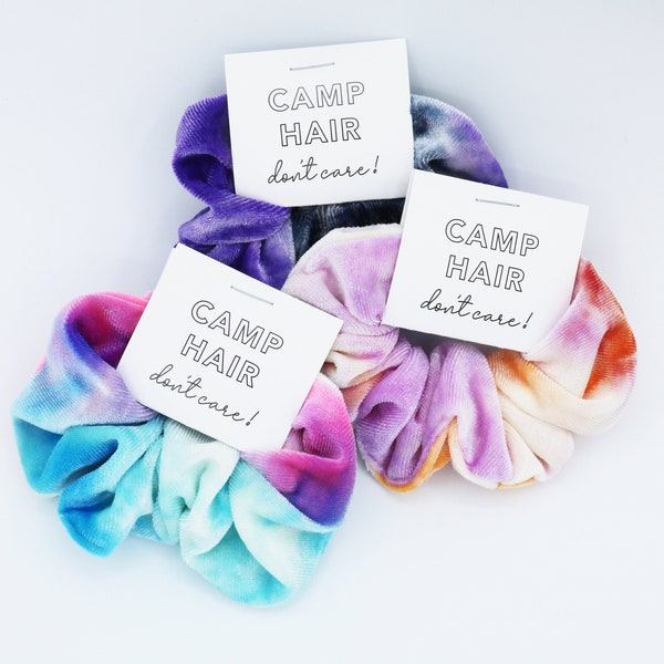 Camp Hair Don't Care Scrunchies, Tie Dye Scrunchies, Kid's Camp Gift, Summer Camp, Sleepaway Camp Gift