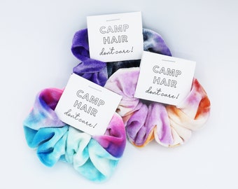 Camp Hair Don't Care Scrunchies, Tie Dye Scrunchies, Kid's Camp Gift, Summer Camp, Sleepaway Camp Gift