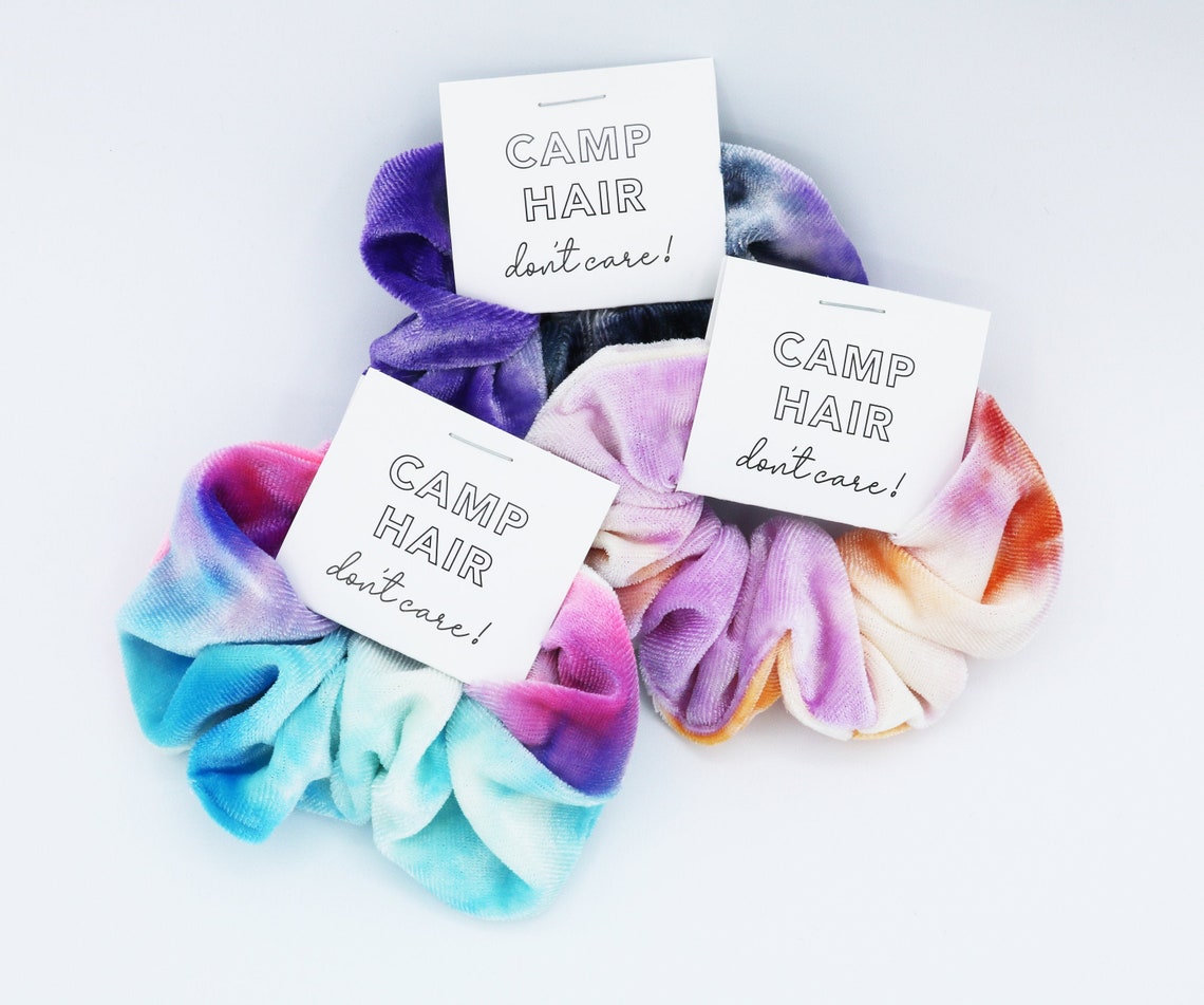 Camp Hair Don't Care Scrunchies, Tie Dye Scrunchies, Kid's Camp Gift, Summer Camp, Sleepaway Camp Gift image 1