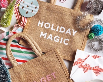 Holiday Magic Holiday Gift Bag, Burlap Gift Bags, Reusable Christmas Bags