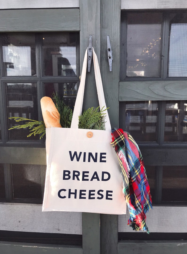 Wine Bread Cheese Tote Bag / Reusable Bag / Shopping Bag / Shopper / Eco Friendly / Market Tote / Hostess Gift image 1