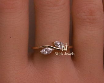 Leaf Inspire Minimalist Ring, Wave Style Toi Et Moi Ring, Marquise Moissanite Diamond Two Stone Ring, Wedding Ring, Women's Daily Wear Ring